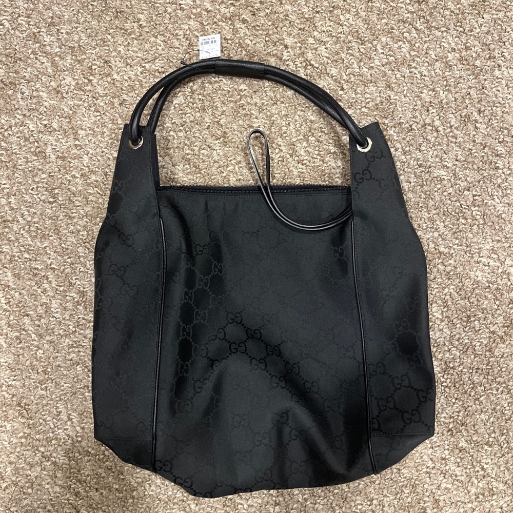 Authentic GUCCI Shoulder Tote Bag GG Canvas Leather Black Denim w Carry Bag